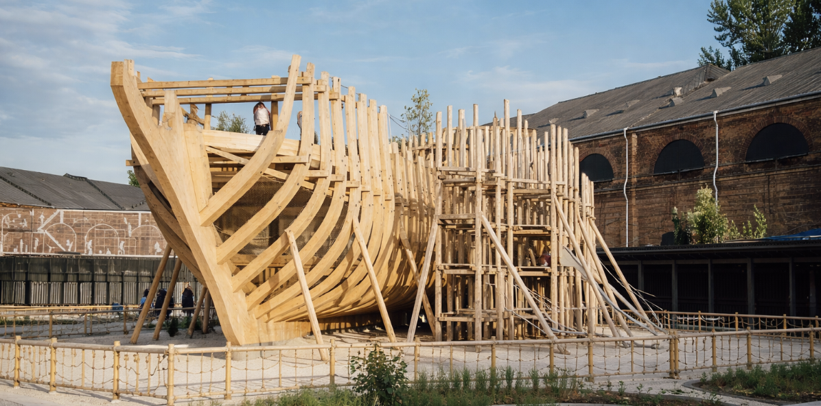 Детская площадка «Фрегат» в Новой Голландии: игровой корабль с канатами и палубами