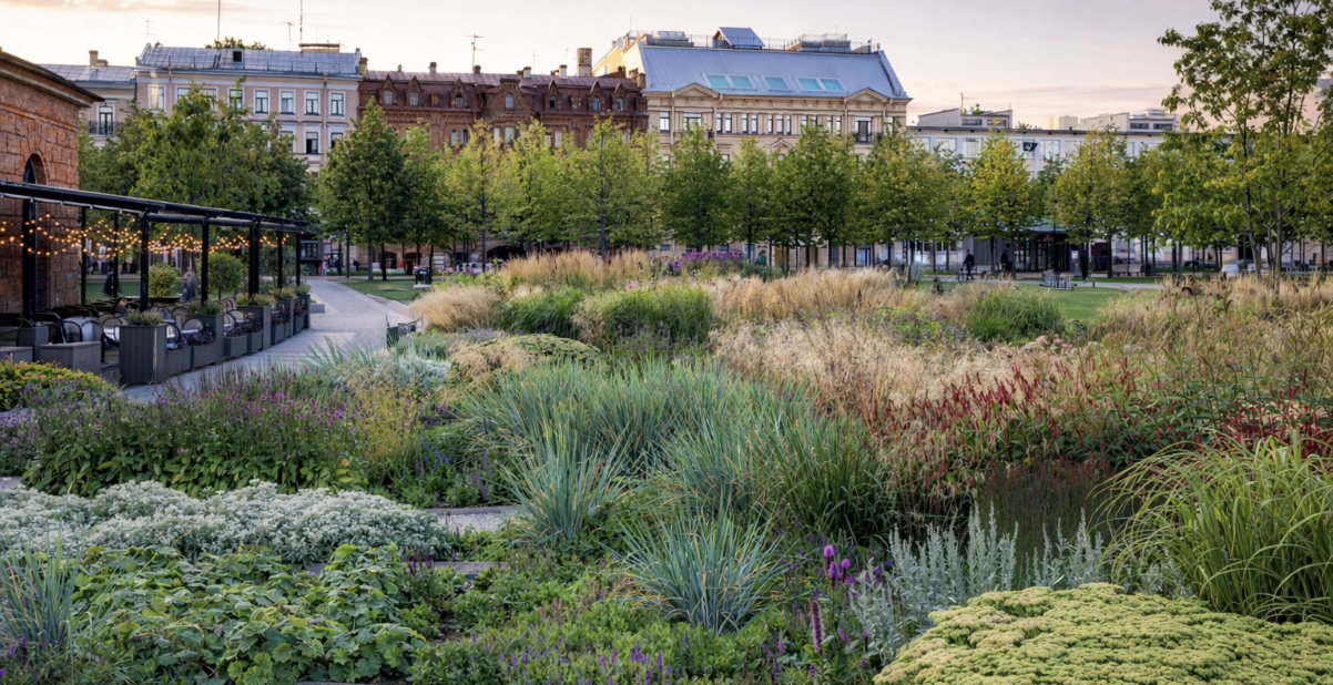 Сад Новой Голландии вдоль бывших складских корпусов: сезонные растения и зелёные зоны