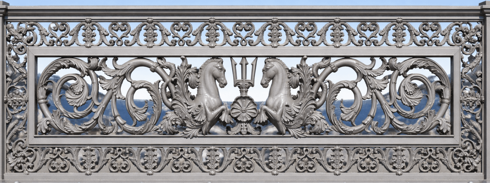 Ажурное чугунное ограждение Благовещенского моста с трезубцами Нептуна и морскими коньками