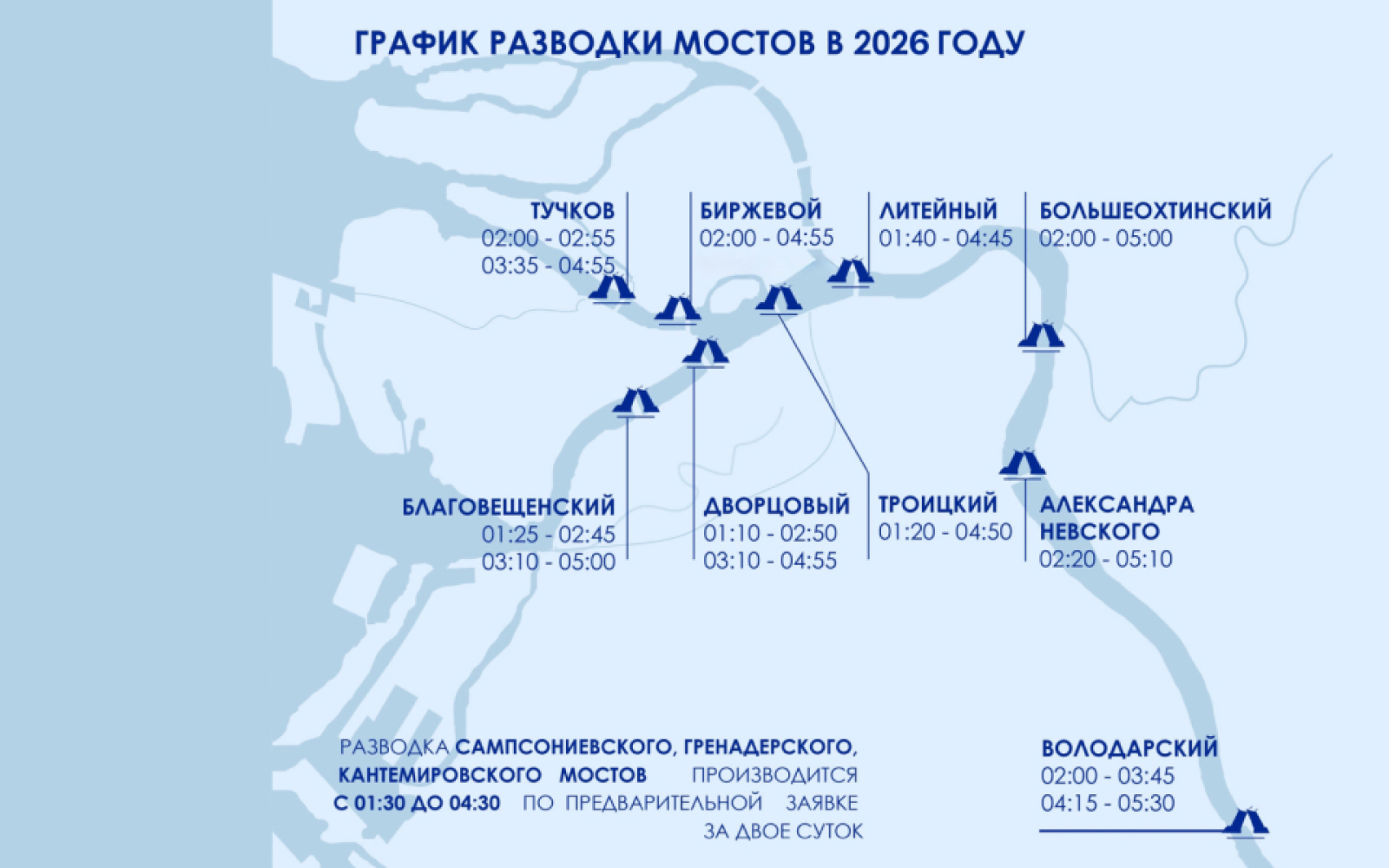 График разводки мостов в Санкт-Петербурге в 2026 году