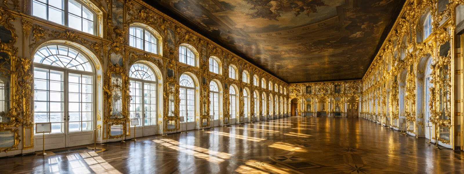 Большой зал Екатерининского дворца: парадный Тронный зал с зеркалами, позолотой и высокими окнами