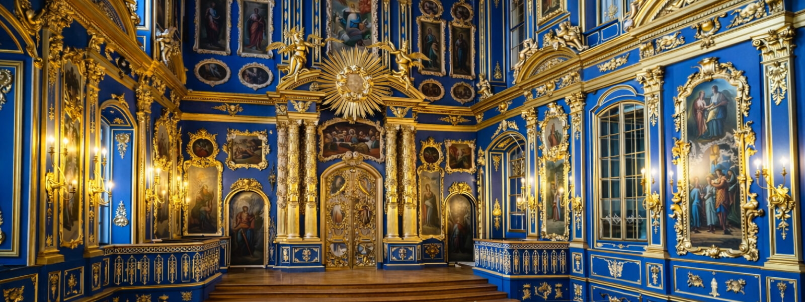 Дворцовая церковь Екатерининского дворца: интерьер с небесно-синими стенами и позолоченным иконостасом