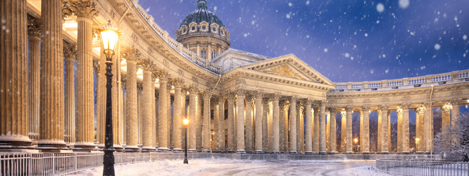 Казанский собор зимой: колоннада под снегом и вечерняя подсветка на Невском проспекте