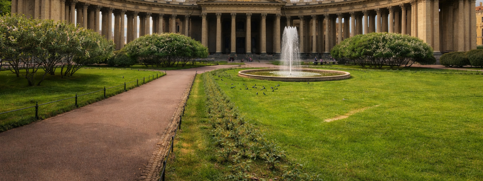 Казанский сквер и фонтан перед Казанским собором: место прогулок и встреч у колоннады
