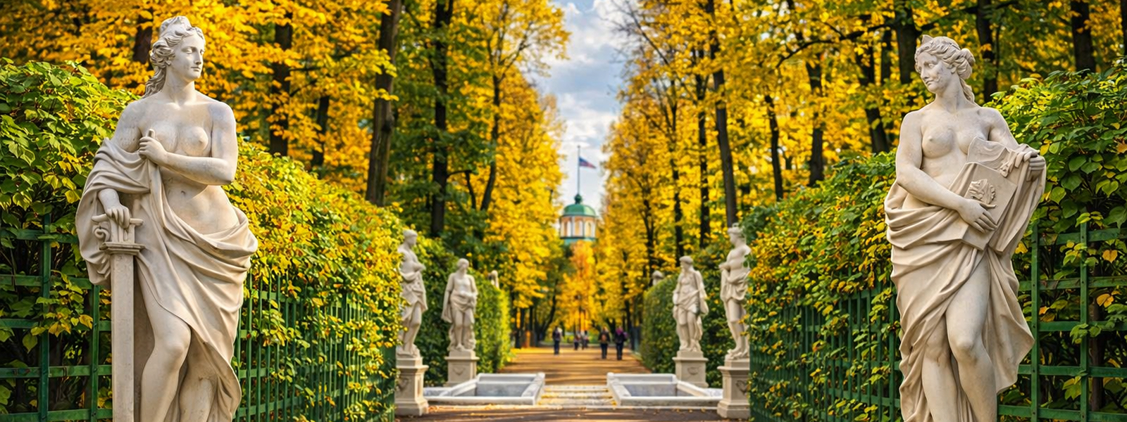 Скульптуры Летнего сада в Санкт-Петербурге: мраморные античные и аллегорические фигуры на аллеях