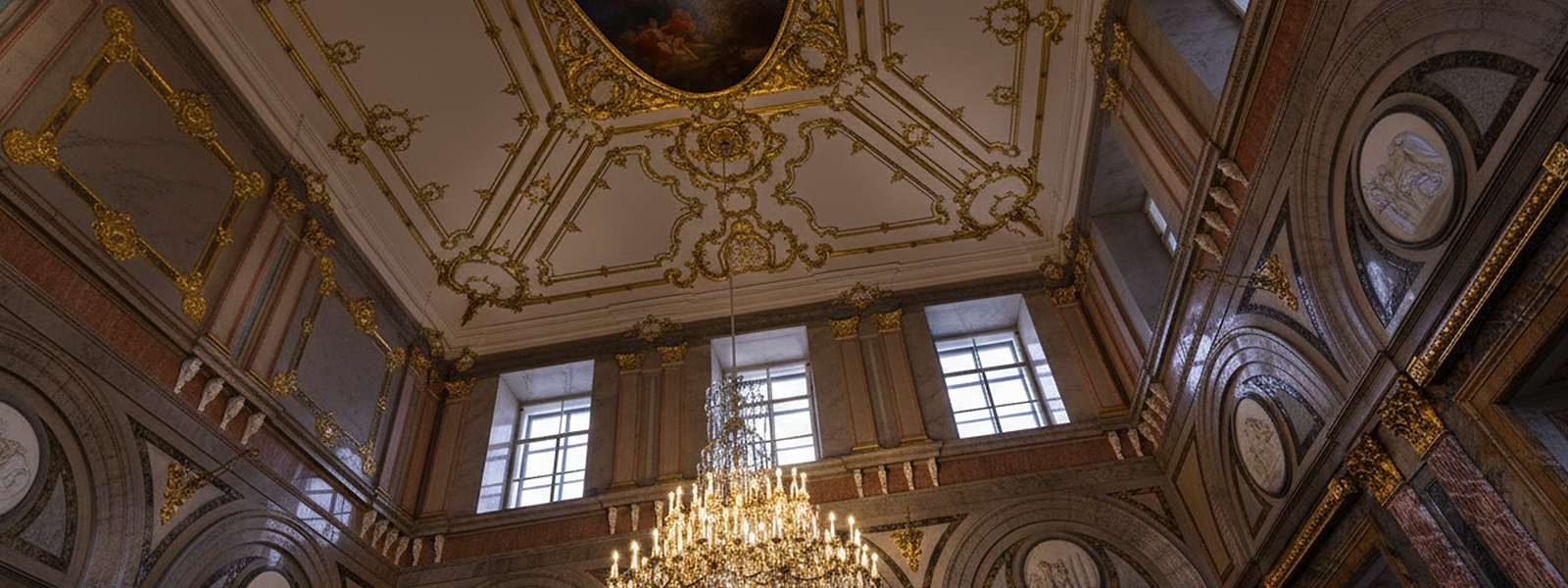 Мраморный (Орловский) зал: парадный интерьер Мраморного дворца с семью породами мрамора, лазуритом и золочёным декором