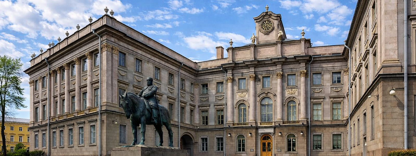 Двор Мраморного дворца: внутренний дворик, фасады из натурального камня и памятник Александру III