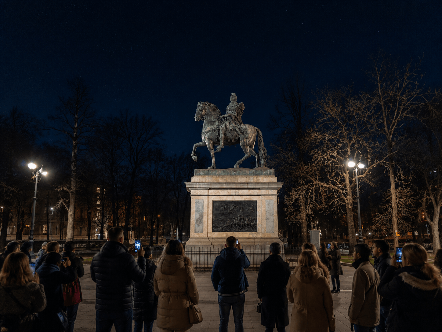 Памятник у Михайловского замка ночью