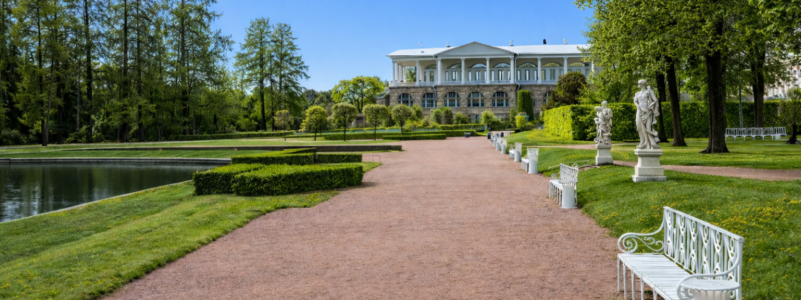 Царское Село: Екатерининский парк с аллеями, павильонами и видом на Большой пруд