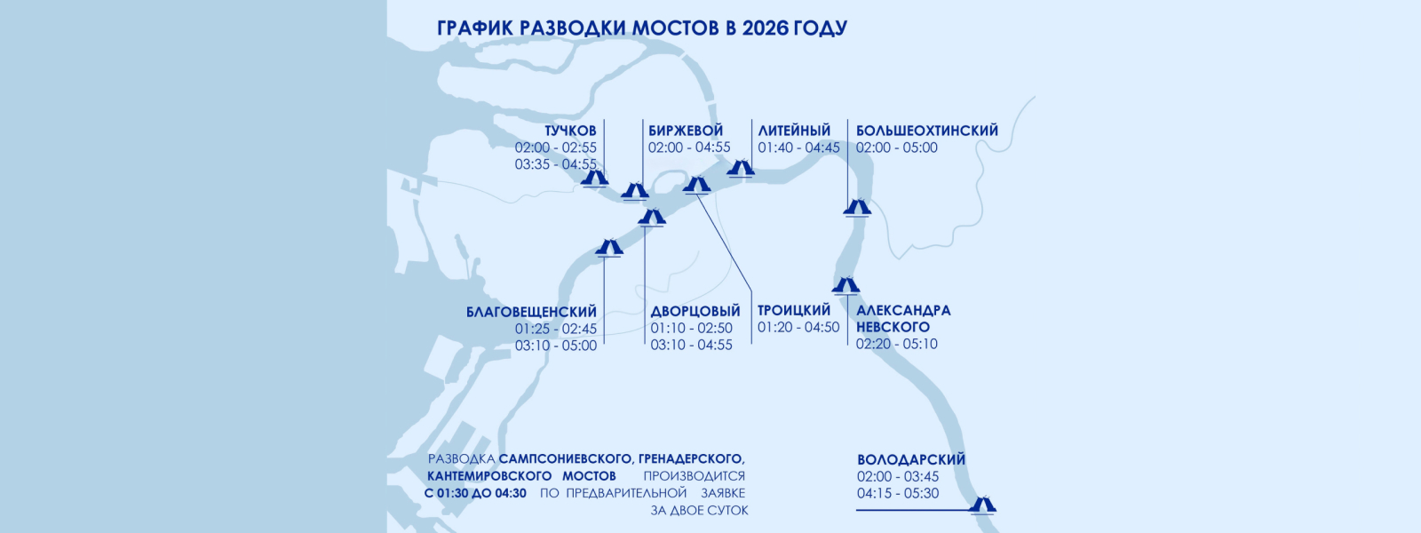 График разводки мостов в Санкт-Петербурге в белые ночи 2026 года