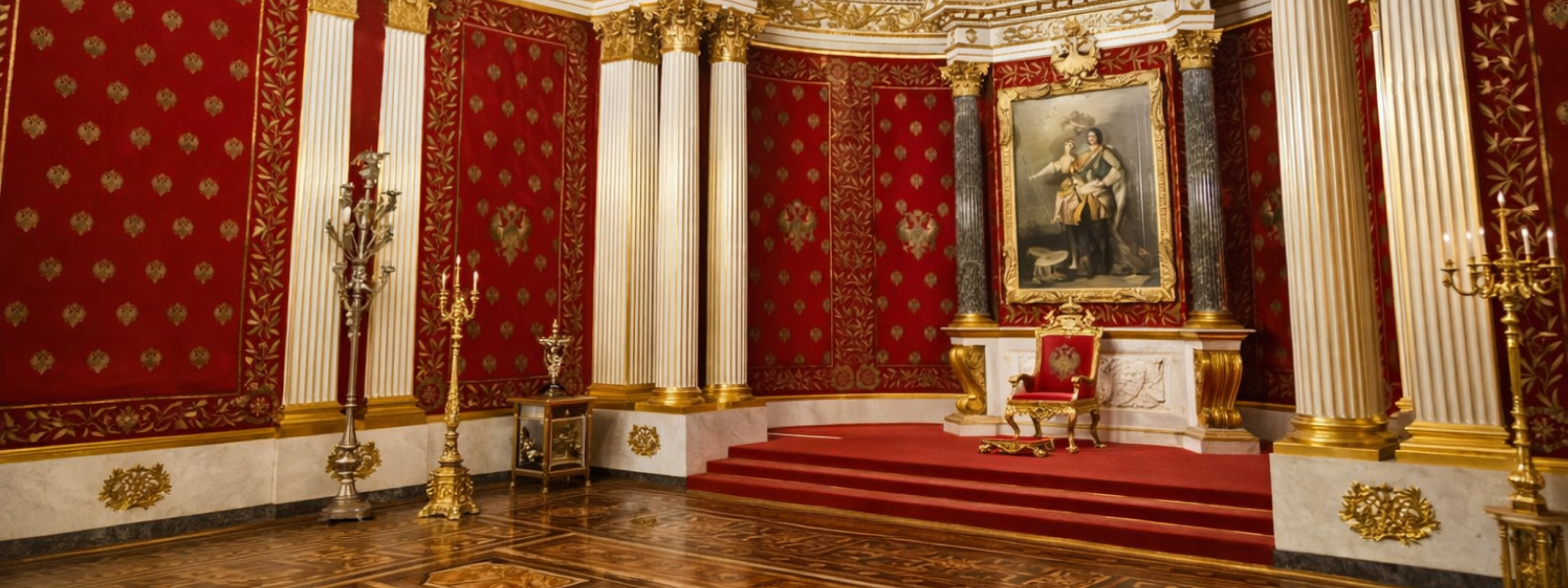 Петровский тронный зал Зимнего дворца — малый тронный зал с троном, красным бархатом и золотыми орлами