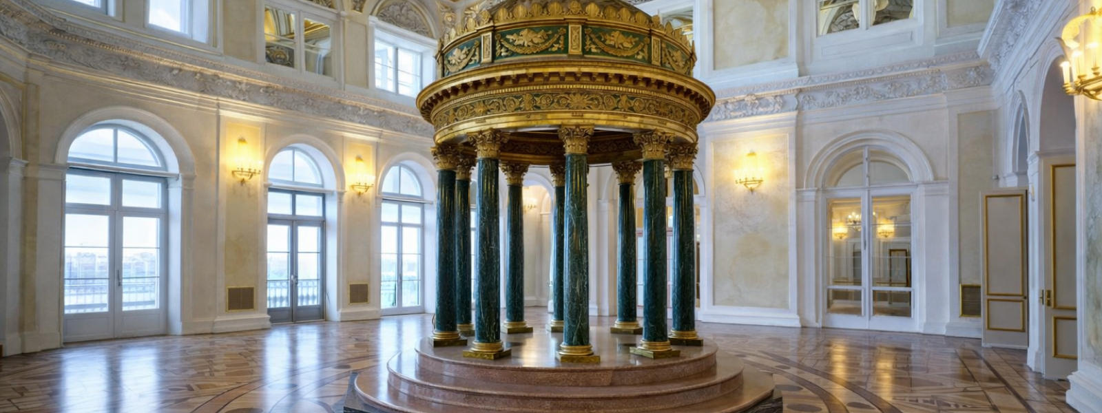 Аванзал Зимнего дворца — малахитовая ротонда с колоннами из малахита и мраморной отделкой