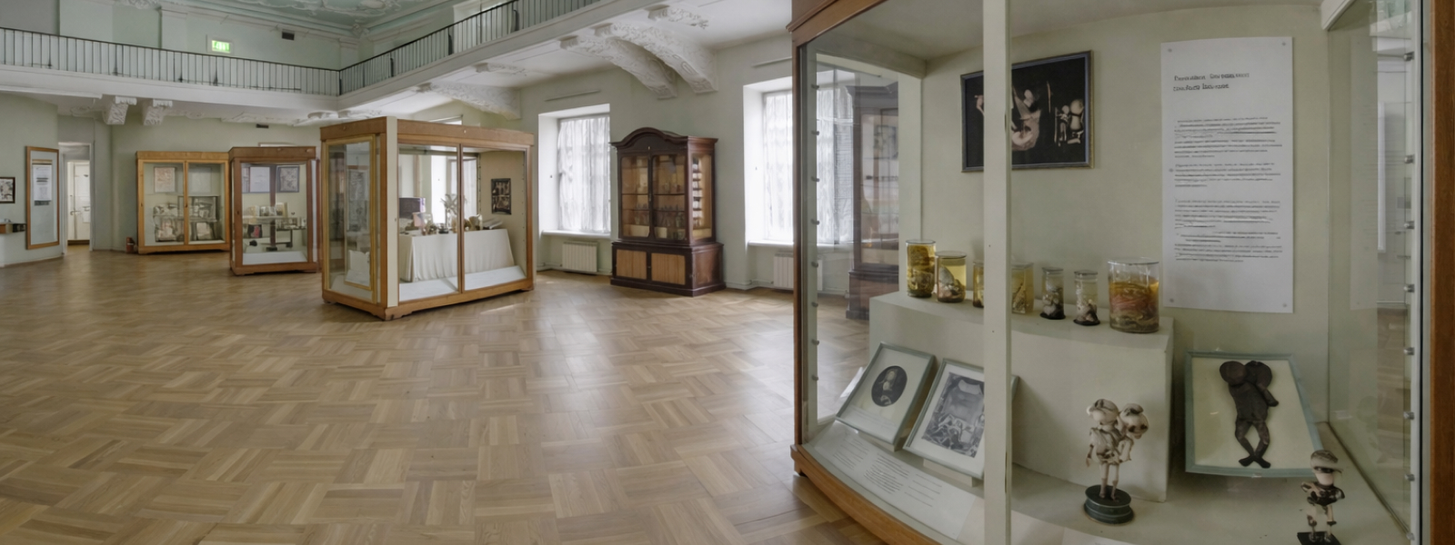 Анатомический кабинет Кунсткамеры: витрины с экспонатами и музейные залы